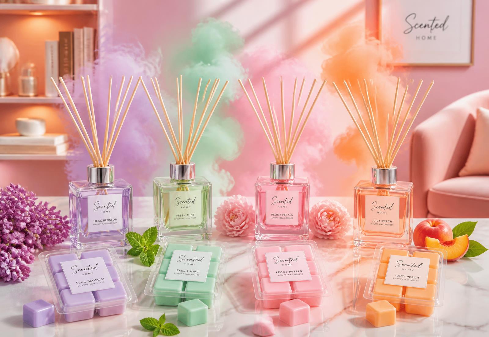 Colourful wax melts and reed diffusers styled in a bright home interior